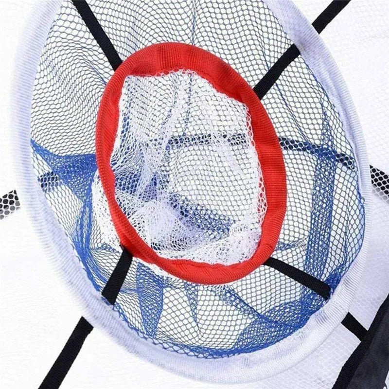 Filet de chipping golf rond – gros plan sur la cible à anneau rouge et la poche en maille