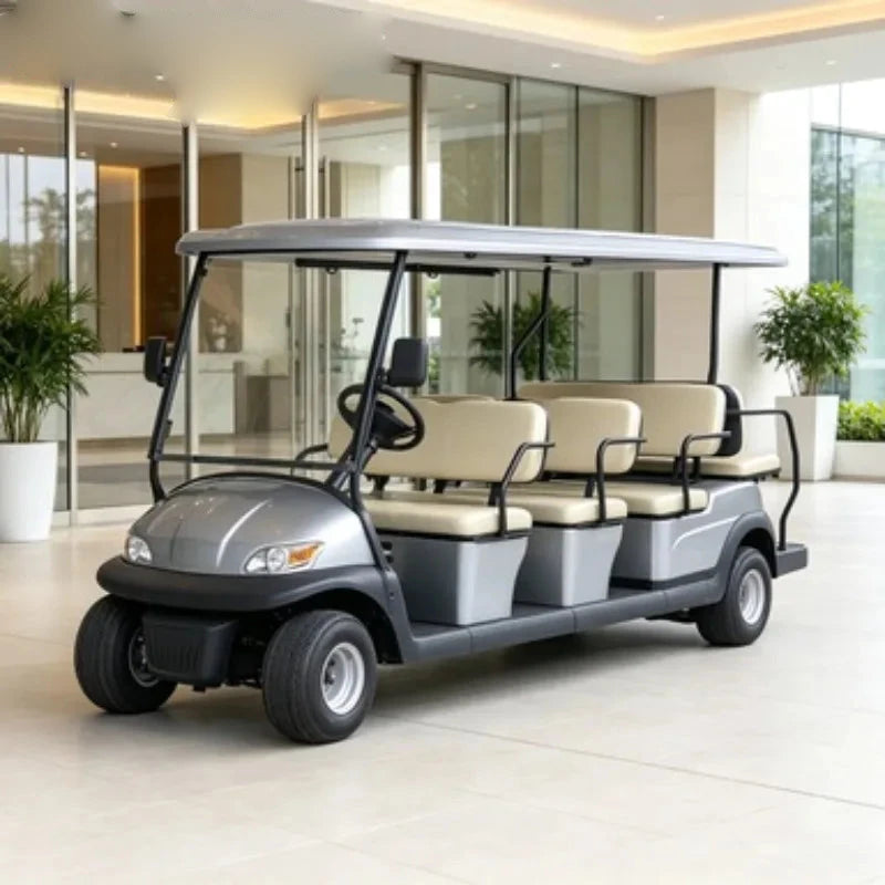 Voiturette de golf 6 places – version grise dans un hall d'accueil