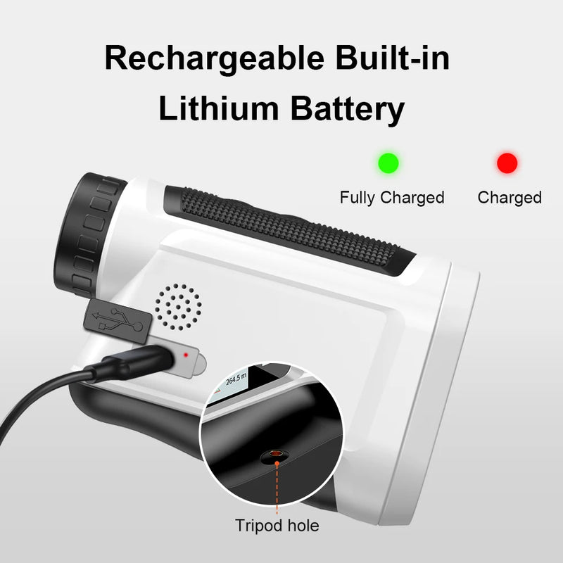 Télémètre laser de golf – charge par câble USB, voyant de charge et pas de vis de trépied