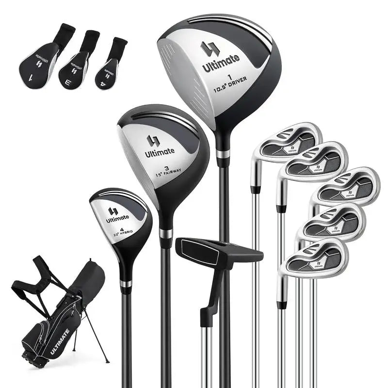 Set de golf complet gaucher – couvre-clubs, bois, fers, putter et sac