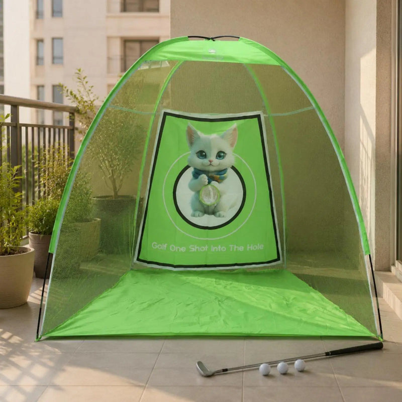 Filet de golf pliable en tente – modèle vert à cible chat installé sur une terrasse