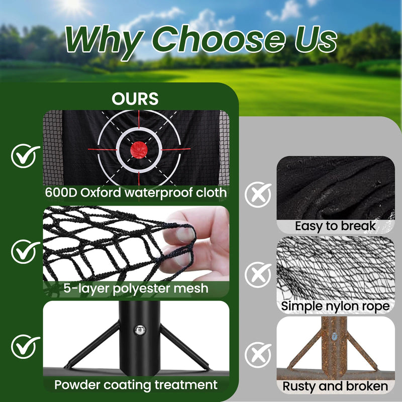 Filet de golf avec cible – comparaison du filet à 5 brins, de la toile Oxford et du cadre traité par poudrage