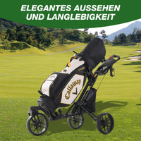Chariot de golf pliable 3 roues – vue de côté avec un sac de golf installé