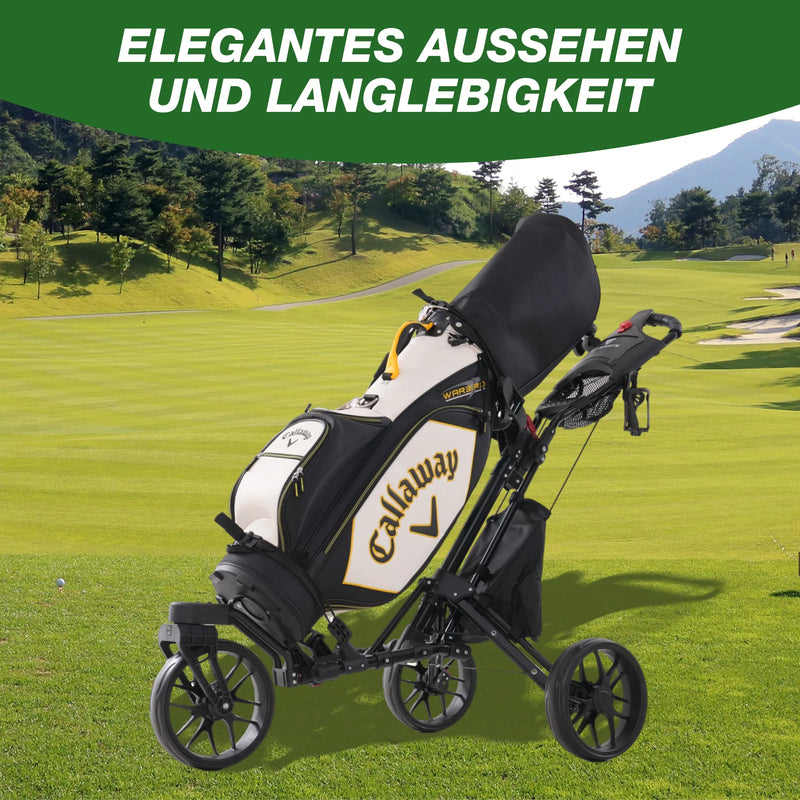 Chariot de golf pliable 3 roues – vue de côté avec un sac de golf installé