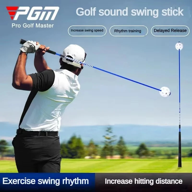 Bâton de swing golf sonore – golfeur en plein swing, tige bleue et sphère perforée