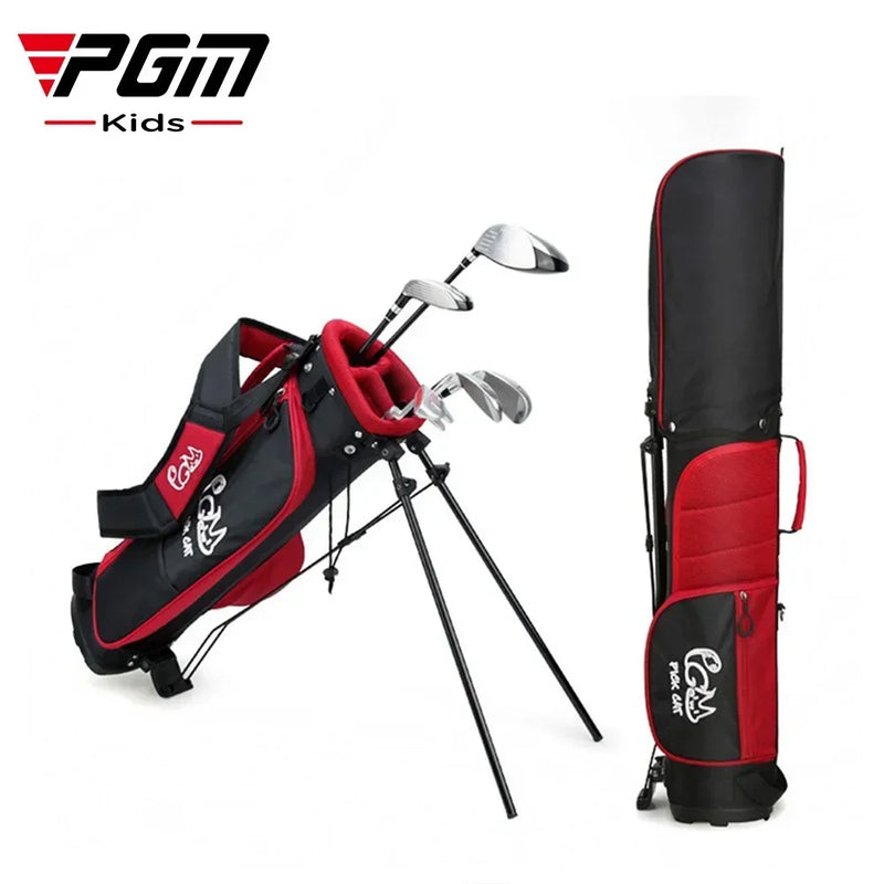 Set de golf enfant 5 clubs – sac trépied noir et rouge, vu de face et de dos