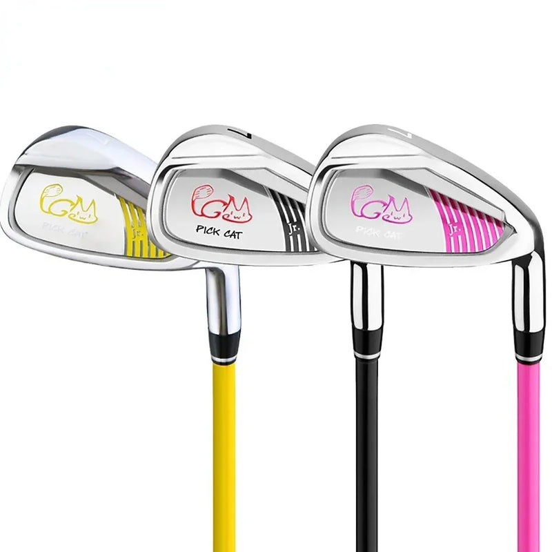 Fer 7 de golf enfant – trois fers à manche jaune, noir et rose