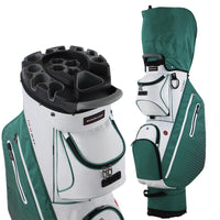 Sac de golf chariot blanc et vert avec capot rabattu, vue du plateau et du côté