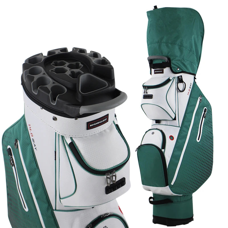 Sac de golf chariot blanc et vert avec capot rabattu, vue du plateau et du côté