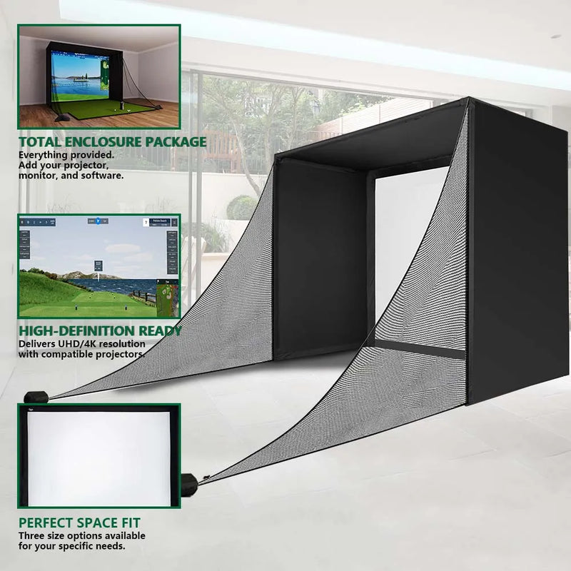 Cage de golf – enceinte avec filet latéral et écran de projection