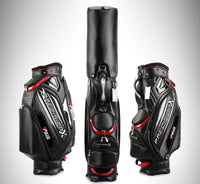 Sac de golf tour en cuir PU étanche – sac noir et rouge de face, de dos et de côté
