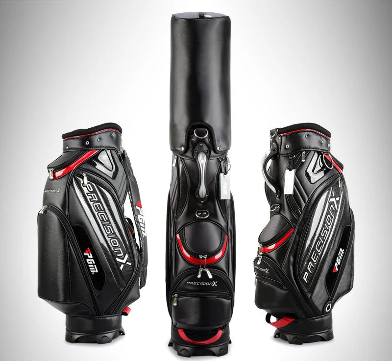Sac de golf tour en cuir PU étanche – sac noir et rouge de face, de dos et de côté
