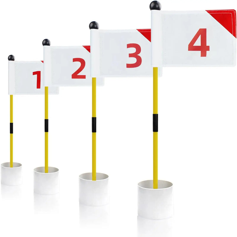 Jeu de 4 drapeaux de putting green numérotés avec coupelles et bâtons