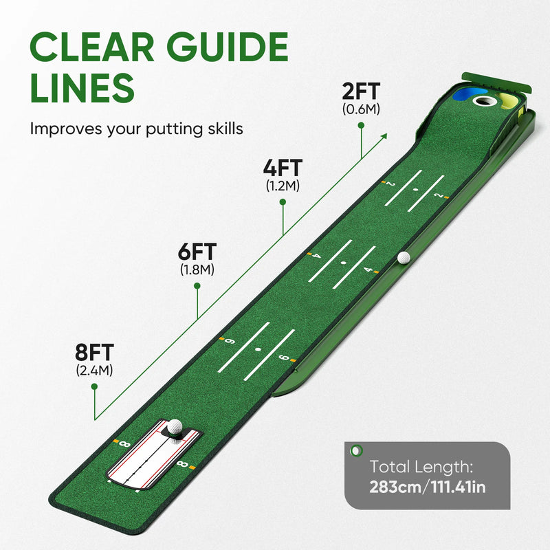 Tapis de putting avec miroir – repères de distance de 60 à 240 cm et longueur totale de 283 cm