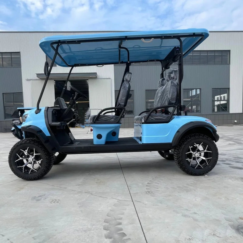 Voiturette de golf électrique à pare-chocs avant – vue de profil, deux rangées de sièges
