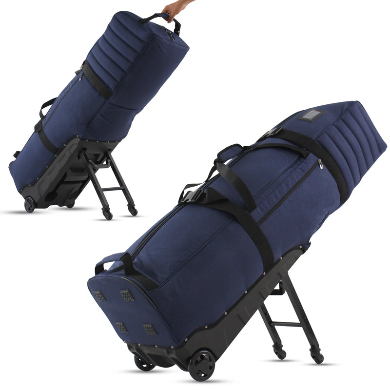 Housse de voyage golf à roulettes – housse bleu marine tirée à la main et vue de face sur son support