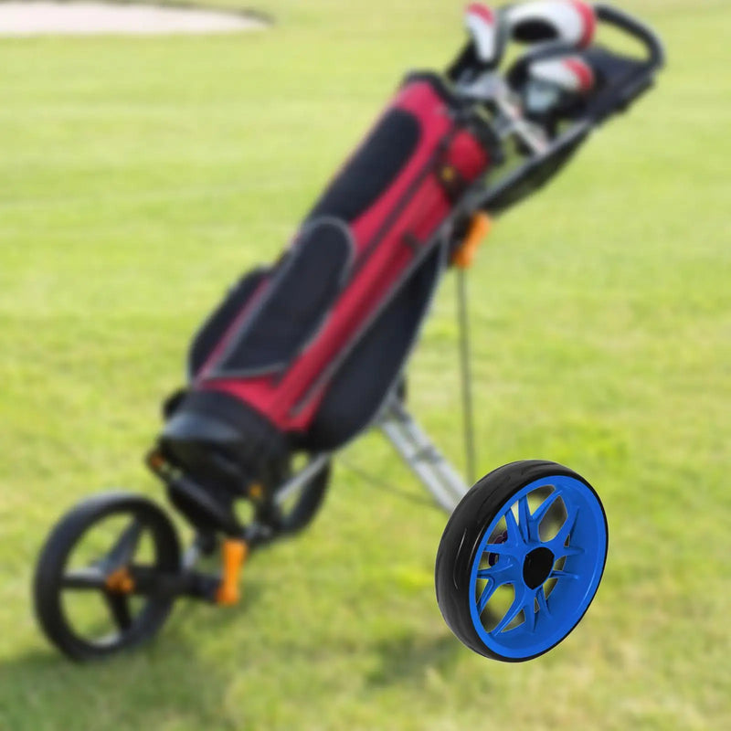Roue de chariot de golf – roue bleue montée sur un chariot avec un sac de golf