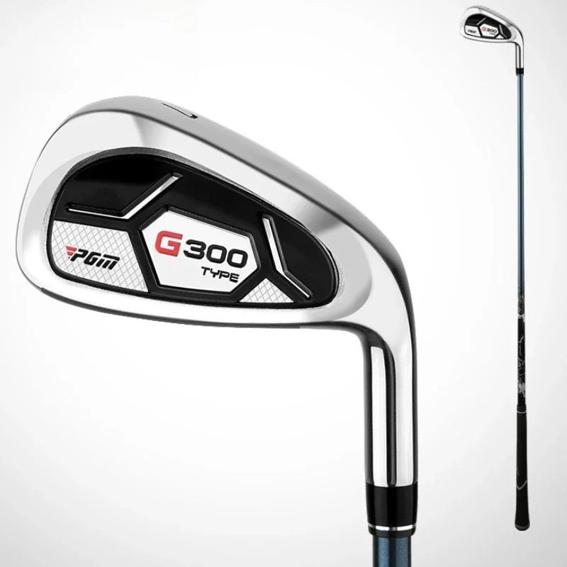 Fer 7 de golf à dos creux – tête inox vue de face, manche graphite bleu foncé