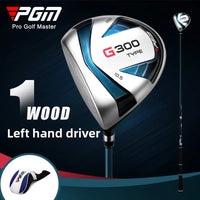 Driver golf gaucher – tête de driver sur fond bleu avec couvre-club, mention driver gaucher