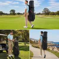 Set de golf complet homme droitier – golfeur portant le sac trépied sur le dos sur le parcours