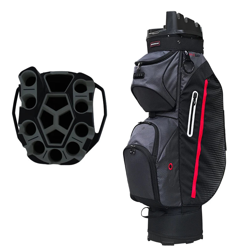 Sac de golf chariot noir et gris, vue du plateau et du côté