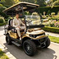 Voiturette de golf électrique – vue avant, pare-chocs et pneus tout-terrain
