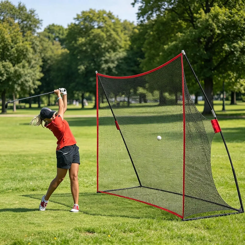 Filet de golf sur cadre – golfeuse en pleine frappe au parc