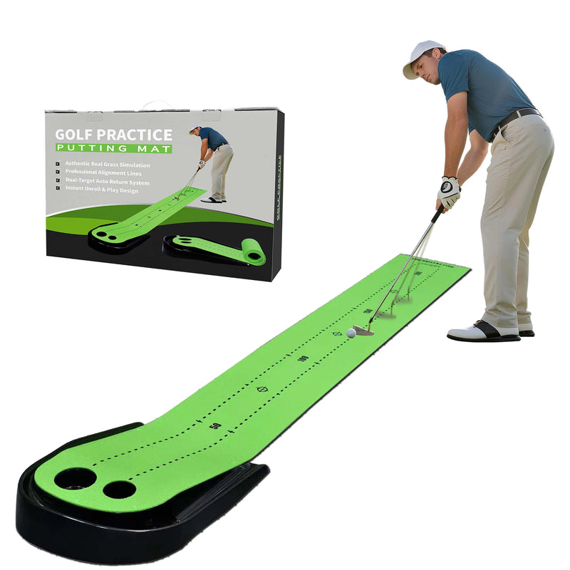 Tapis de putting avec retour de balle – golfeur au putting devant son coffret