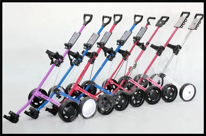 Chariot de golf manuel 2 roues – plusieurs chariots alignés dans des coloris différents (seul l'argent est proposé)
