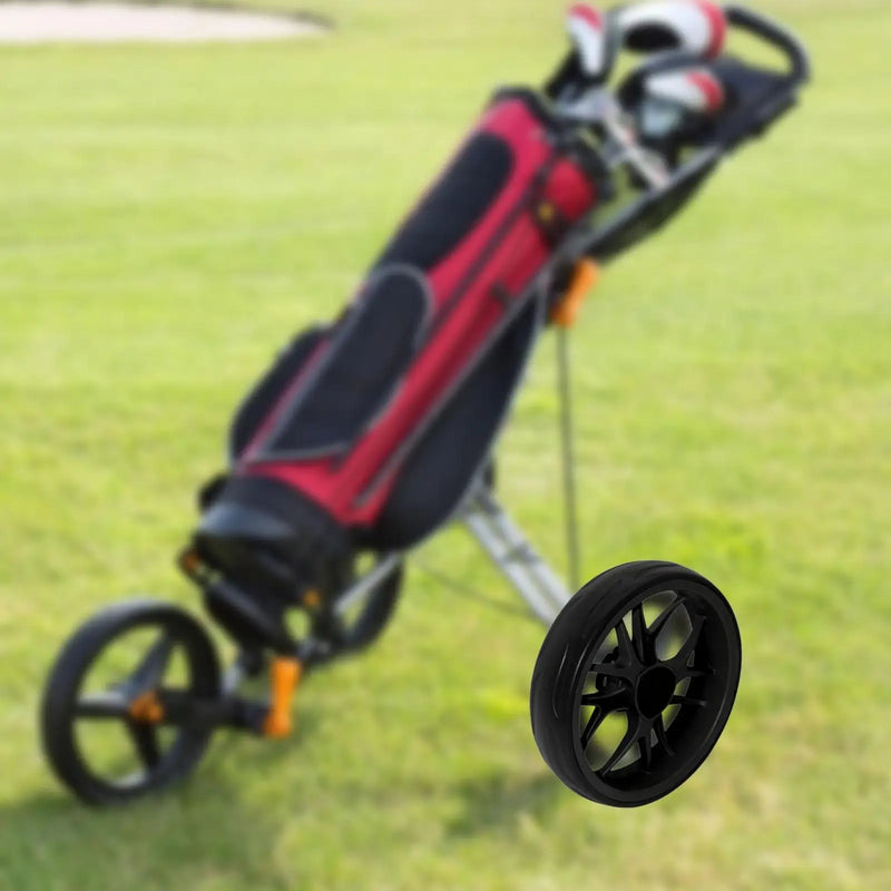 Roue de chariot de golf – roue noire montée sur un chariot avec un sac de golf