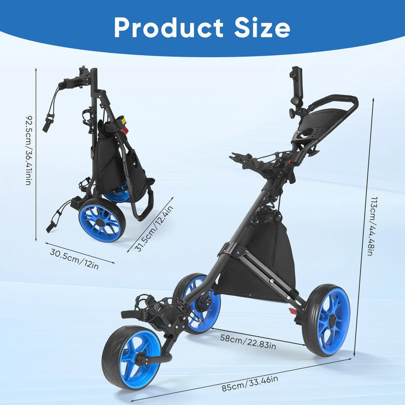 Chariot de golf manuel 3 roues – version noire avec roues bleues, cotes
