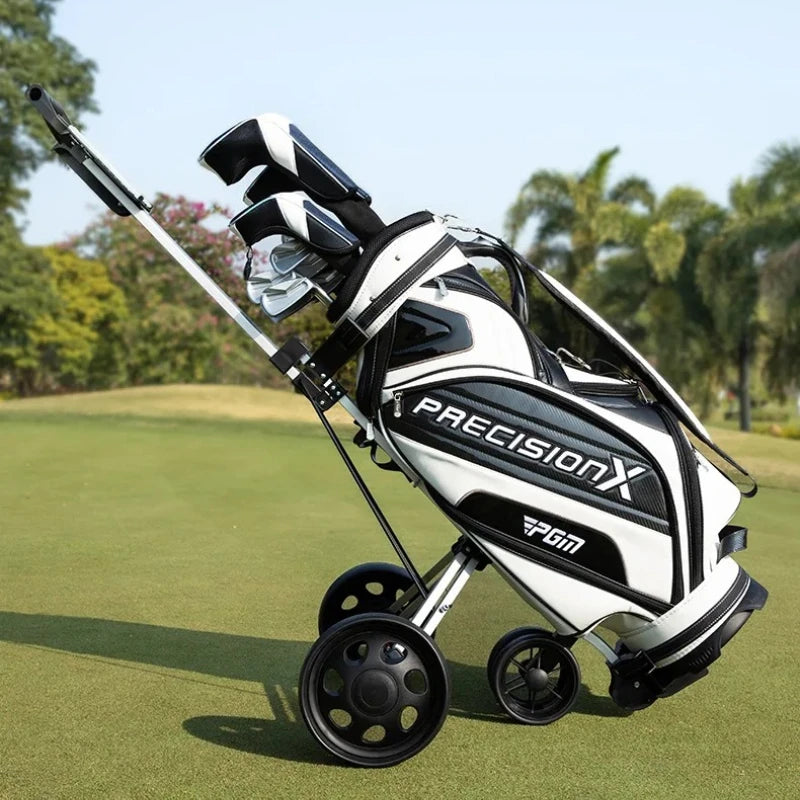 Chariot de golf manuel pliable en aluminium – sac de golf sur le chariot, vue arrière