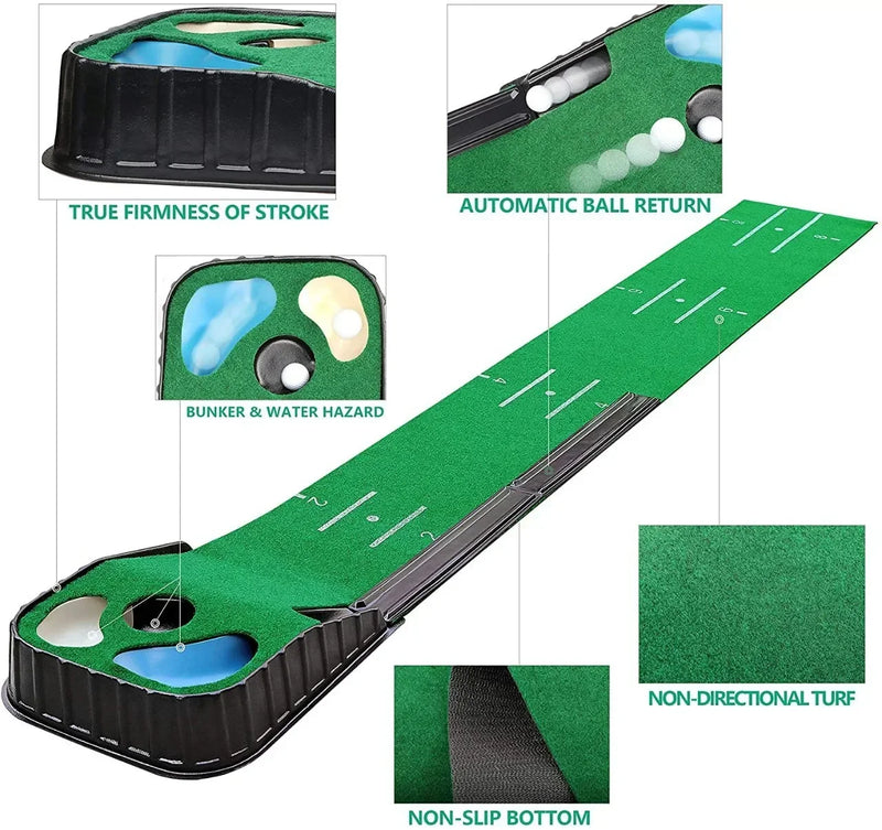 Tapis de putting intérieur 2,7 m – schéma des fonctions : retour de balle, bunker et plan d'eau, gazon non directionnel, dessous antidérapant