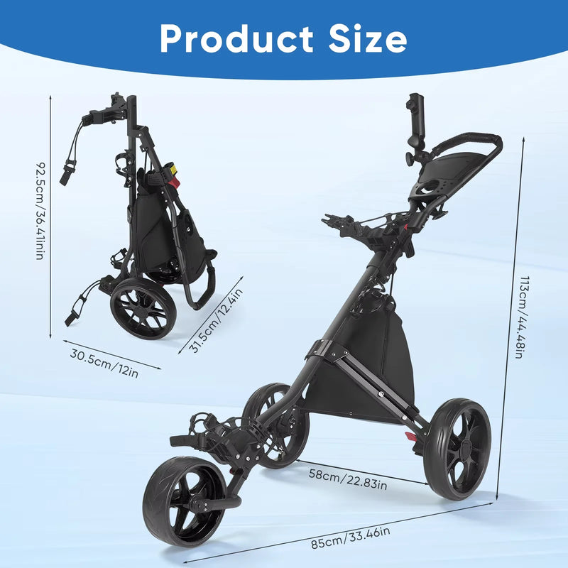 Chariot de golf pliable 3 roues – dimensions déplié et plié
