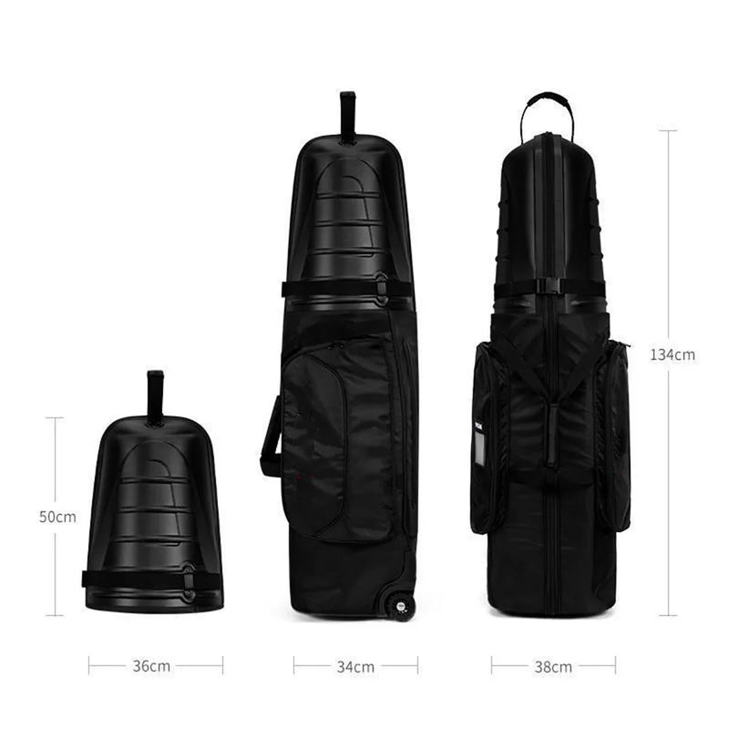 Sac de golf de voyage rigide – schéma des dimensions : 134 cm de haut, 38 et 34 cm de large, coque de 50 cm