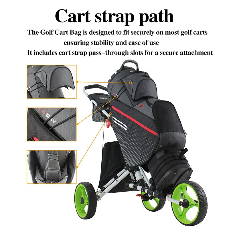 Sac de golf chariot fixé sur un chariot avec passage pour les sangles