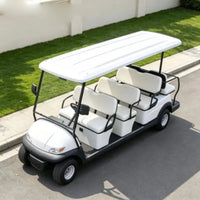 Voiturette de golf 6 places – vue de dessus des trois rangées de banquettes, version blanche