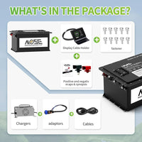 Batterie lithium voiturette de golf 48 V 105 Ah – contenu du colis : batterie, écran avec câble, visserie et protections de bornes