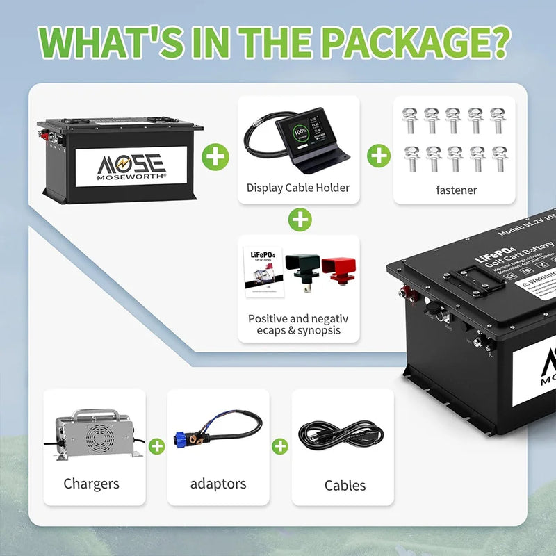 Batterie lithium voiturette de golf 48 V 105 Ah – contenu du colis : batterie, écran avec câble, visserie et protections de bornes
