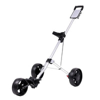 Chariot de golf manuel pliable à 3 roues – vue de profil avec support de sac et porte-carte