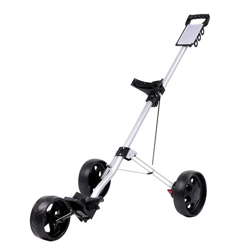 Chariot de golf manuel pliable à 3 roues – vue de profil avec support de sac et porte-carte