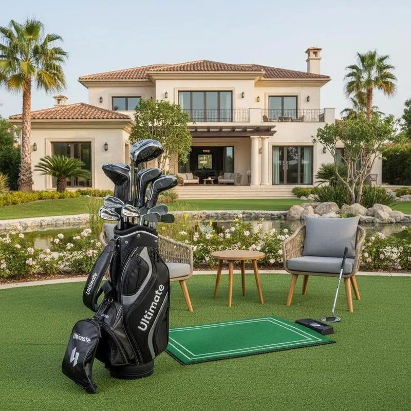 Set de golf complet gaucher – sac et tapis de putting dans un jardin