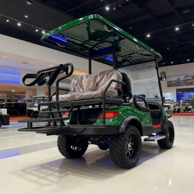 Voiturette de golf électrique pour hôtel et parc – vue arrière avec porte-sacs et banquette