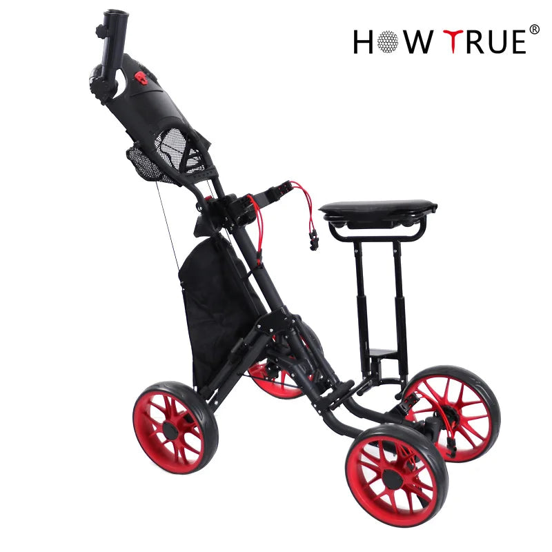 Chariot de golf manuel 4 roues – modèle noir avec siège et roues rouges