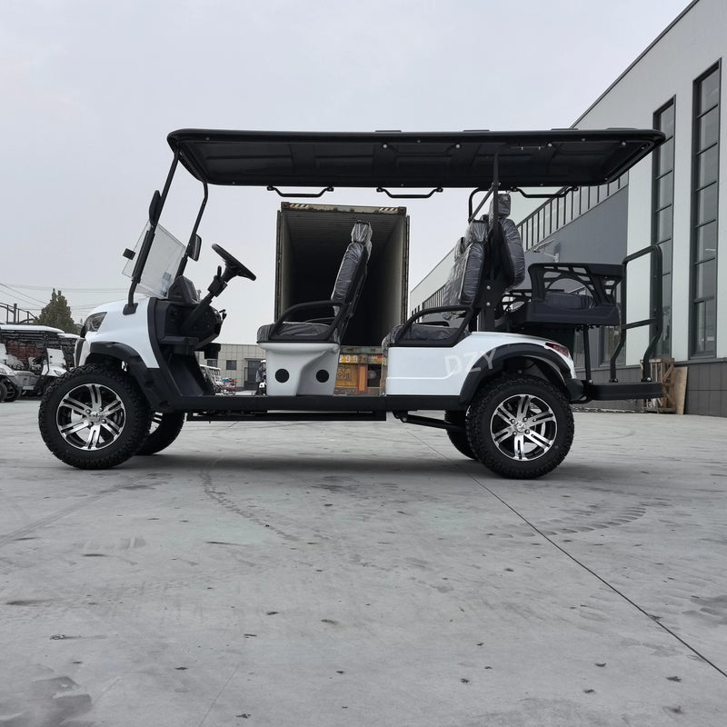 Voiturette de golf électrique blanche 4+2 – vue de profil avec banquette arrière rabattable