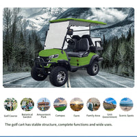 Voiturette de golf électrique tout-terrain – voiturette verte sur une route de montagne et usages possibles