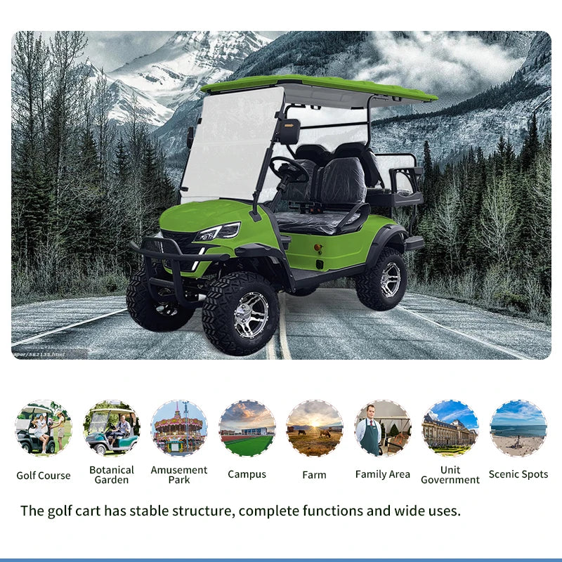 Voiturette de golf électrique tout-terrain – voiturette verte sur une route de montagne et usages possibles