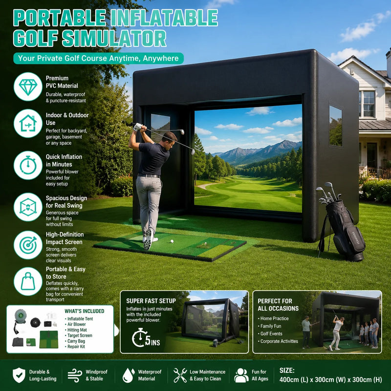 Cage de golf gonflable – cube noir avec écran de projection dans un jardin