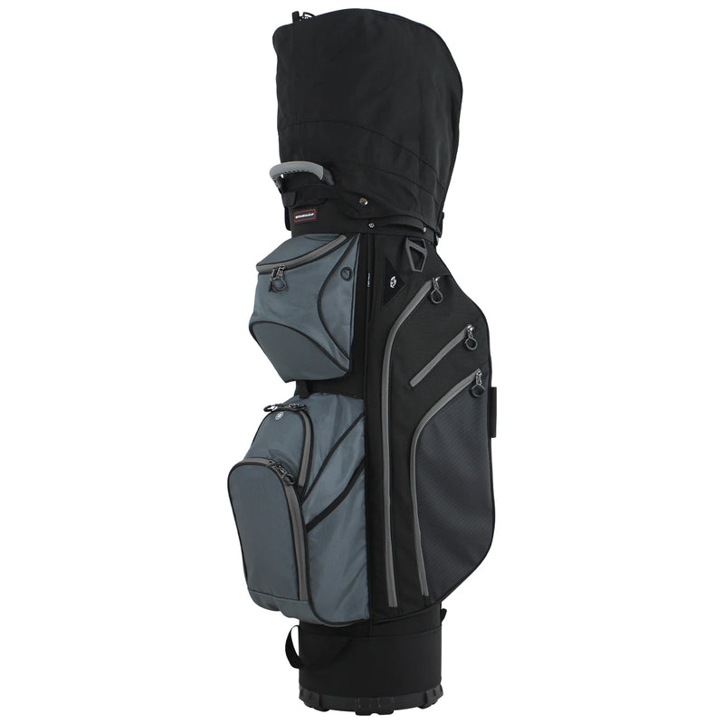 Sac de golf chariot 14 compartiments – version noire et grise, vue de face avec capot