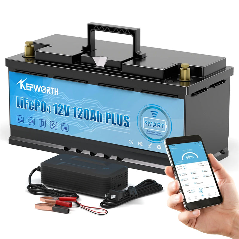 Batterie lithium LiFePO4 12 V à 48 V – batterie 12 V 120 Ah avec son chargeur et l'application sur téléphone